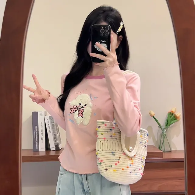 Sweet And Spicy Flocking Cute Long Sleeve Top Women's Round Neck Shoulder Pink - Shop at LoveMi