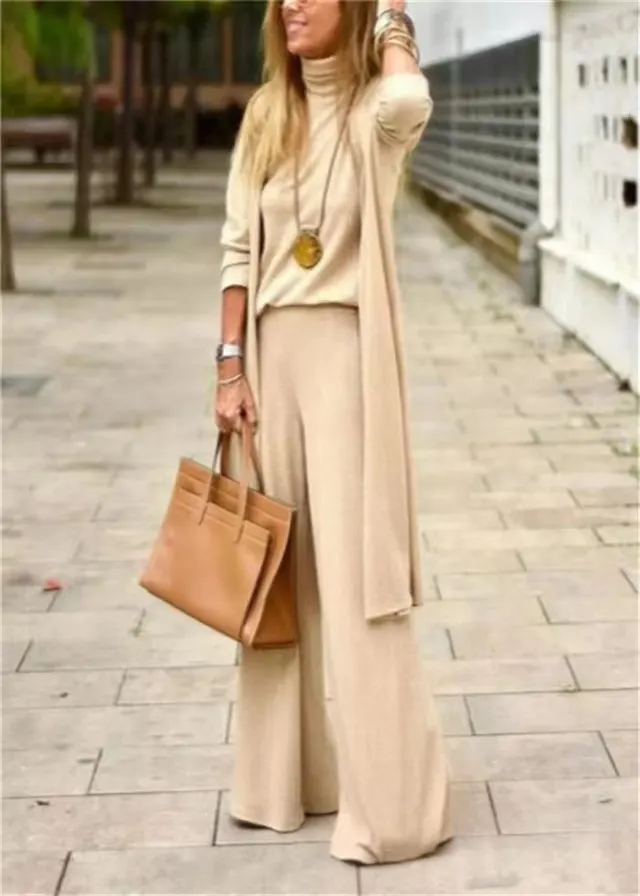 New Casual Fashion Solid Color Long Three piece Set Khaki - Shop at LoveMi