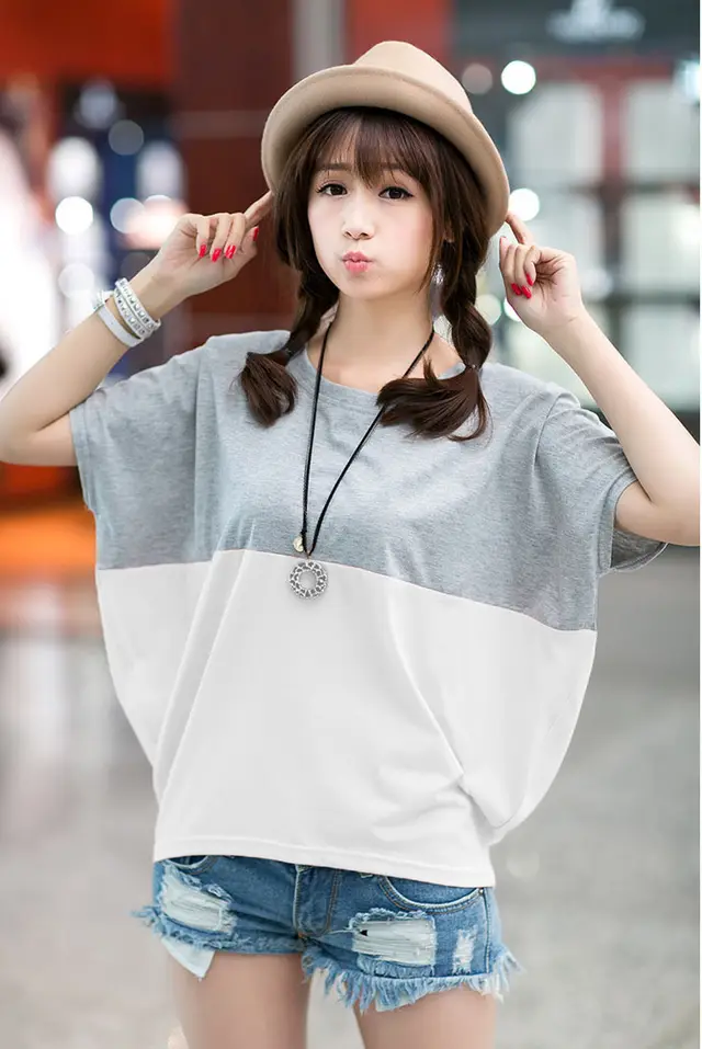 Loose fitting Batwing Sleeve Shirt Student Women's Short Sleeve Gray And White - Shop at LoveMi
