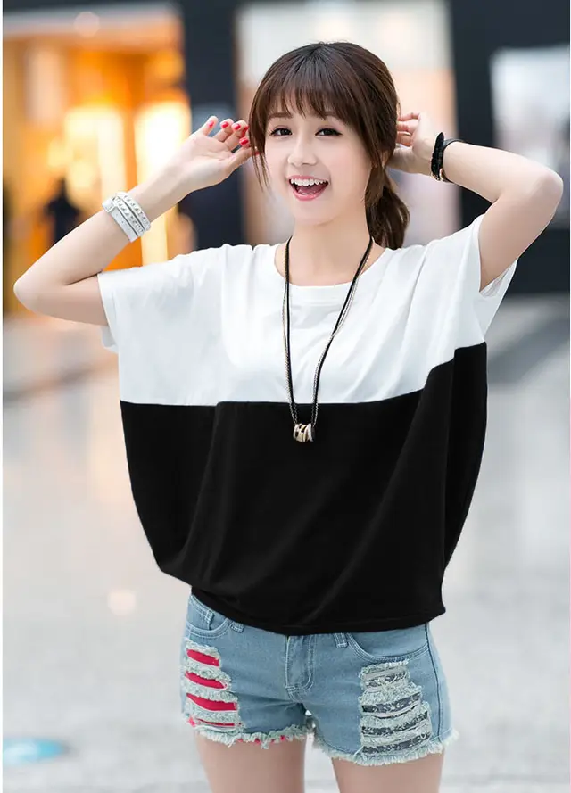 Loose fitting Batwing Sleeve Shirt Student Women's Short Sleeve White And Black - Shop at LoveMi