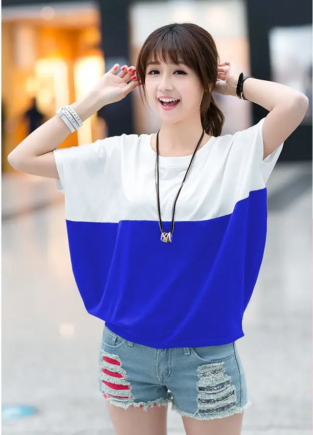 Loose fitting Batwing Sleeve Shirt Student Women's Short Sleeve White And Blue - Shop at LoveMi