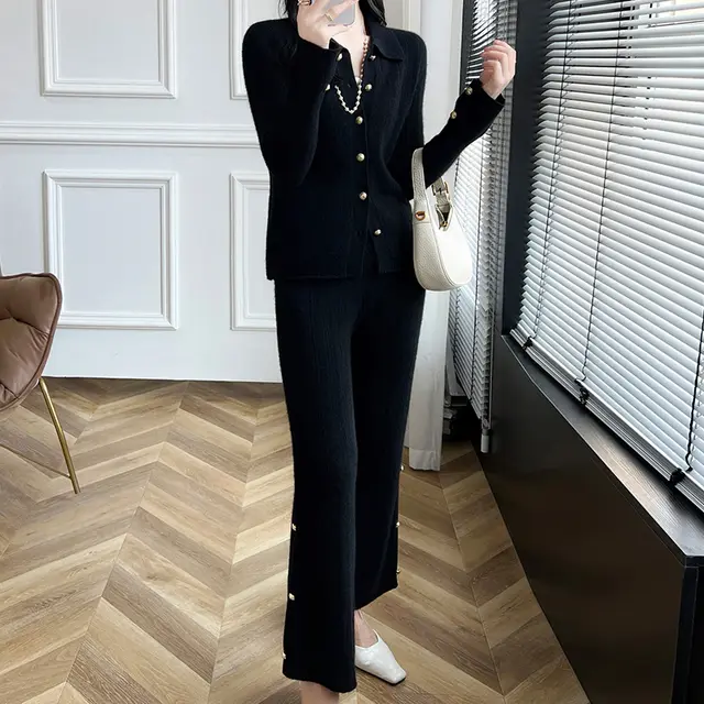 Western Style Leisure Temperament Knitted Cardigan Wide Leg Pants Suit Black - Shop at LoveMi