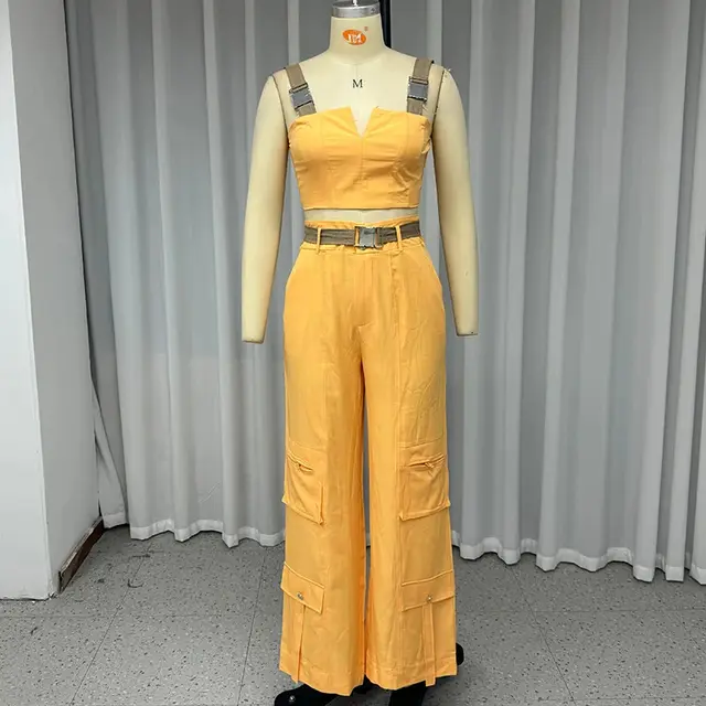 European And American Crop top Spaghetti strap High Waist Straight Pants Two piece Set Orange - Shop at LoveMi