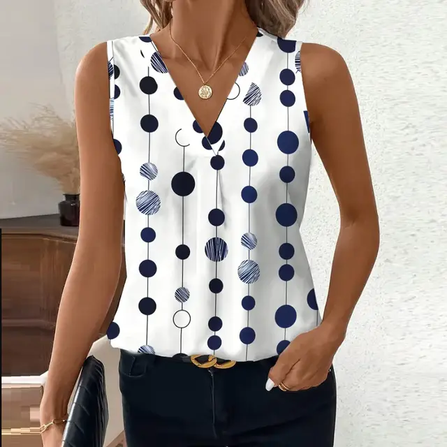 Women's Elegant Black And White Polka Dot Sleeveless V neck Top - Shop at LoveMi