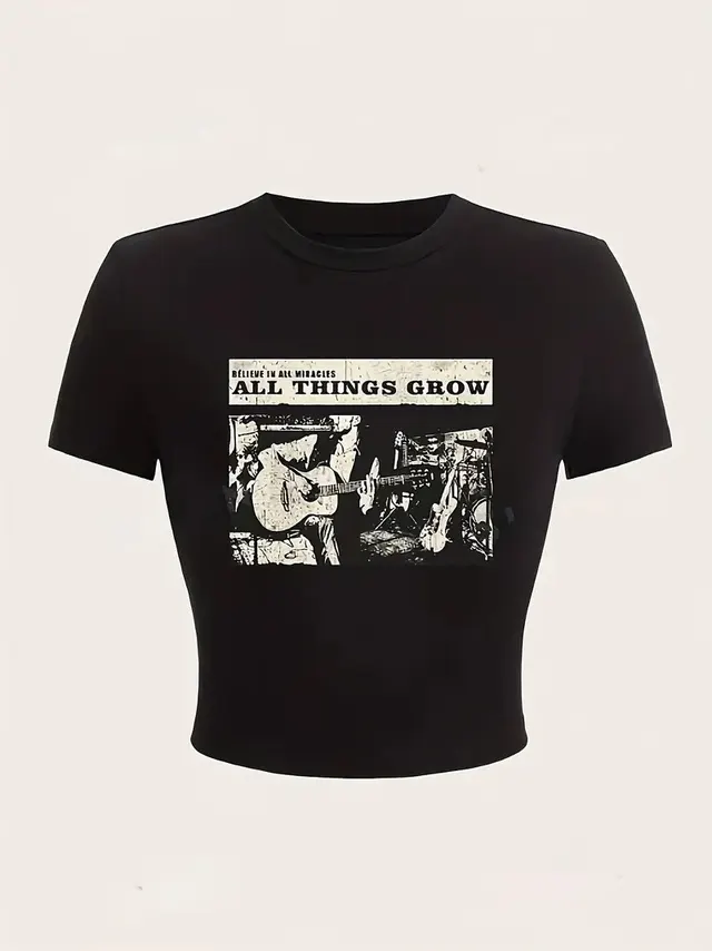 Women's Fashion Street Printed Cropped T shirt Black - Shop at LoveMi