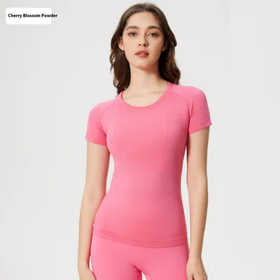 Women's Short Sleeve Round Neck Sports Running Fitness Top Cherry Blossom Powder New - Shop at LoveMi