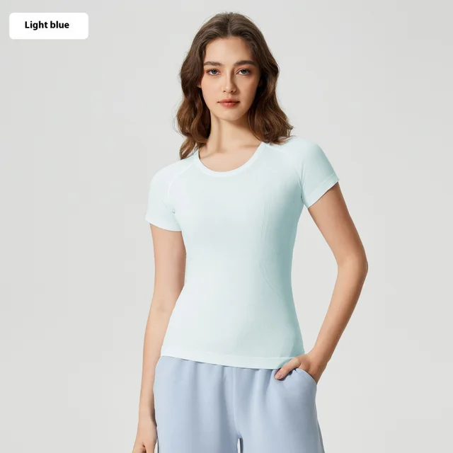 Women's Short Sleeve Round Neck Sports Running Fitness Top Light Blue New - Shop at LoveMi