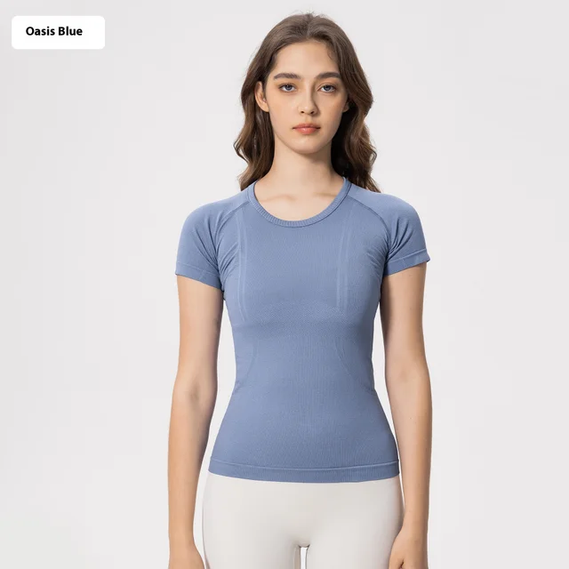 Women's Short Sleeve Round Neck Sports Running Fitness Top Oasis Blue New - Shop at LoveMi