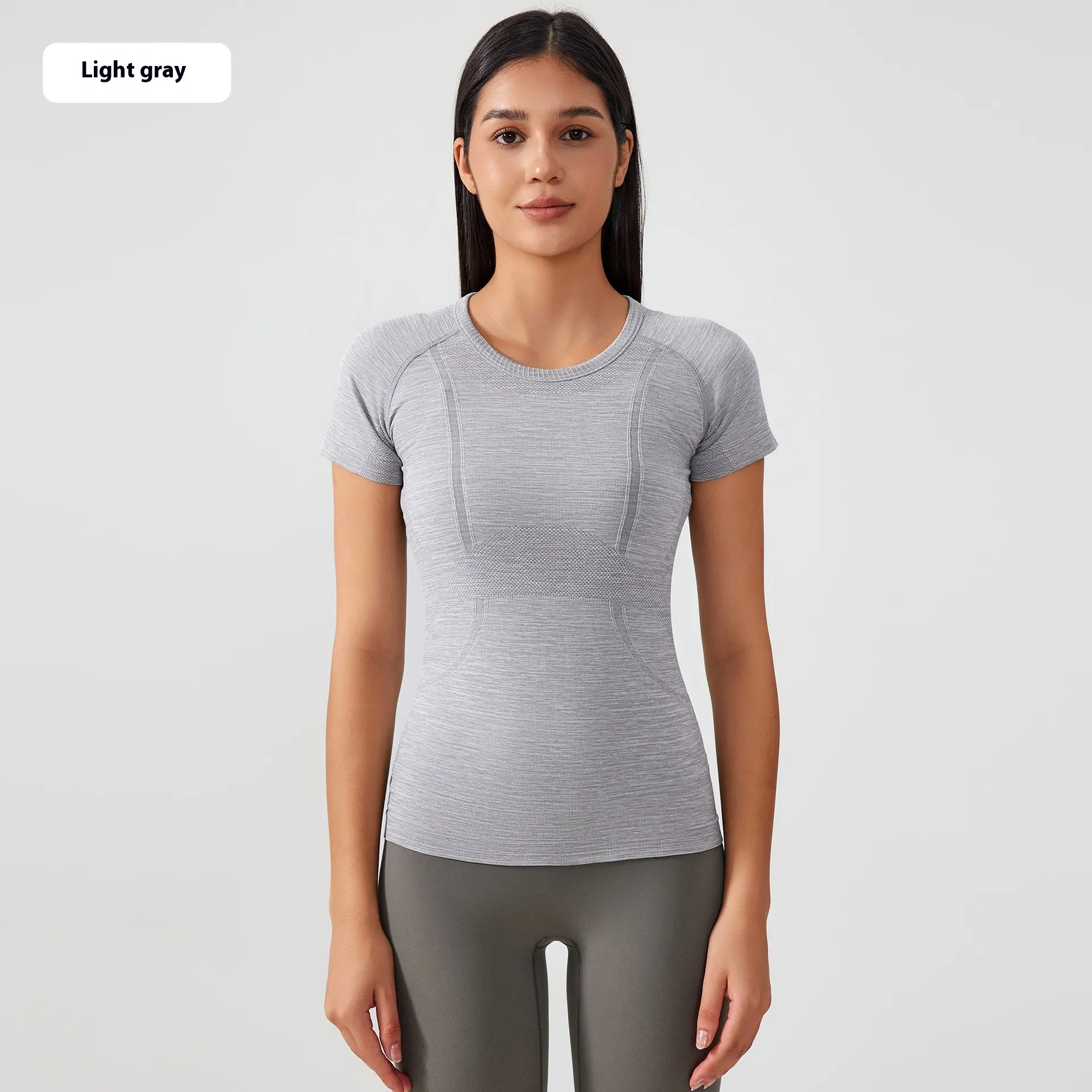 Women's Short Sleeve Round Neck Sports Running Fitness Top - Shallow Flower Ash