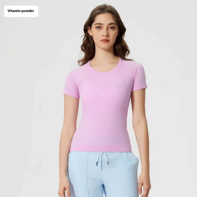 Women's Short Sleeve Round Neck Sports Running Fitness Top Vitamin Powder New - Shop at LoveMi