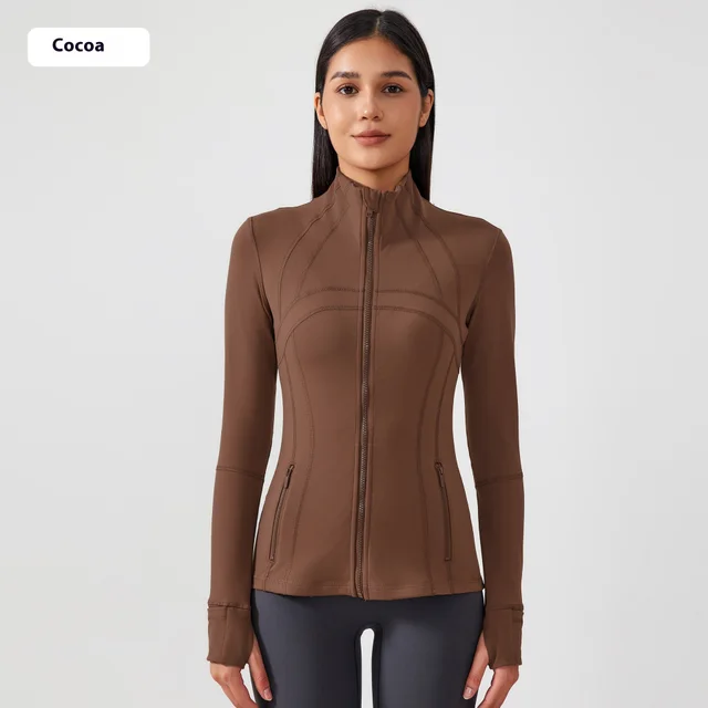 Yoga Sports Jacket Women Elastic Zipper Running Fitness Yoga Jackets Cocoa Color - Shop at LoveMi