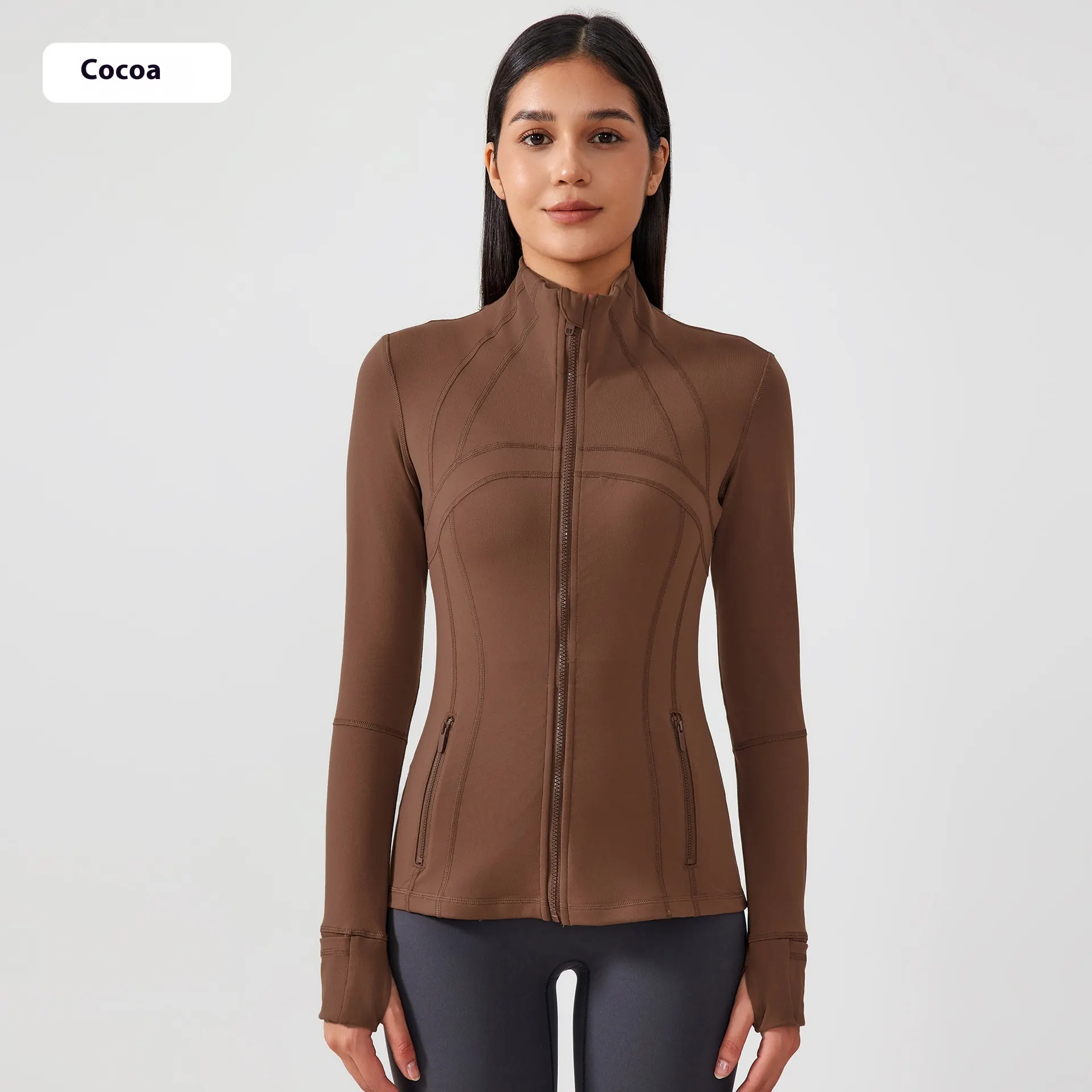 Yoga Sports Jacket Women Elastic Zipper Running Fitness Yoga Jackets - Cocoa Color - View 1