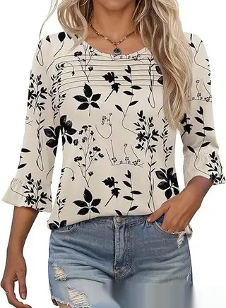 Round-neck Flared Sleeves Tuck Line Craft Slim Top - Beige Printing