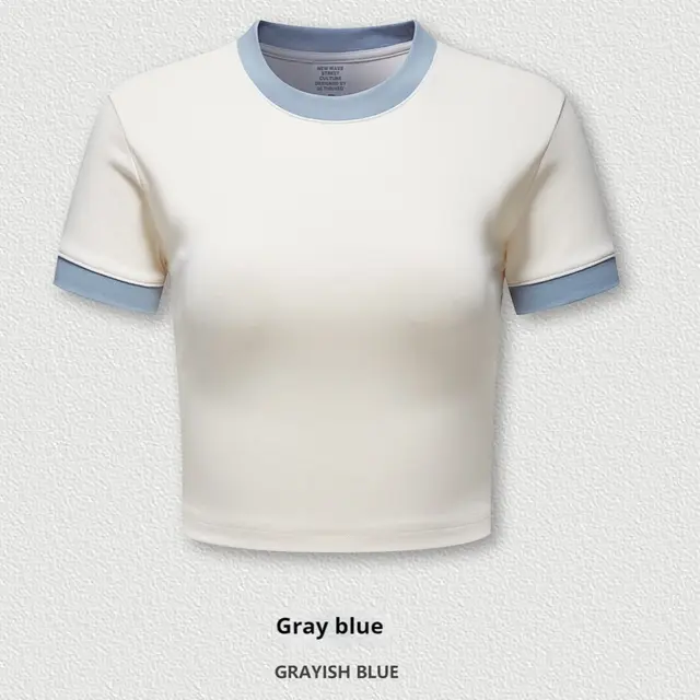 Slim fit T shirt Shoulder Short Top For Women N516 Apricotgray Blue - Shop at LoveMi