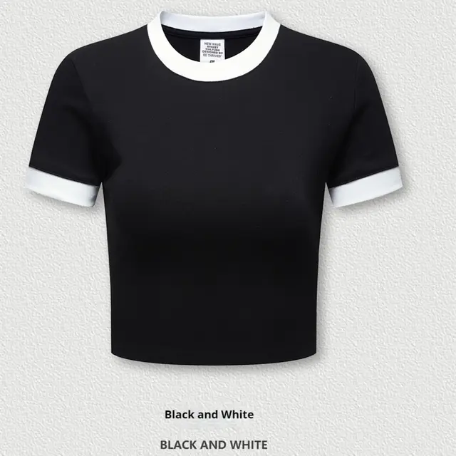 Slim fit T shirt Shoulder Short Top For Women N516 Blackwhite - Shop at LoveMi