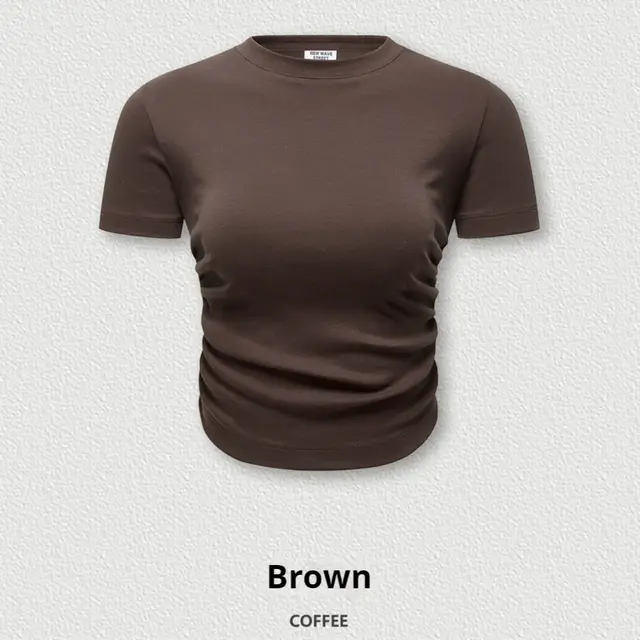 Slim fit T shirt Shoulder Short Top For Women N701 Brown - Shop at LoveMi