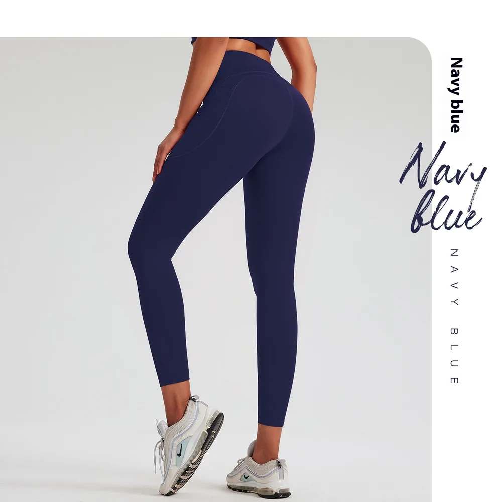 High Waist Shaping Peach Hip Exercise Lycra High Elastic Nude Feel Yoga Pants - Navy Blue