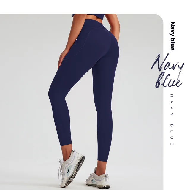 High Waist Shaping Peach Hip Exercise Lycra High Elastic Nude Feel Yoga Pants Navy Blue - Shop at LoveMi