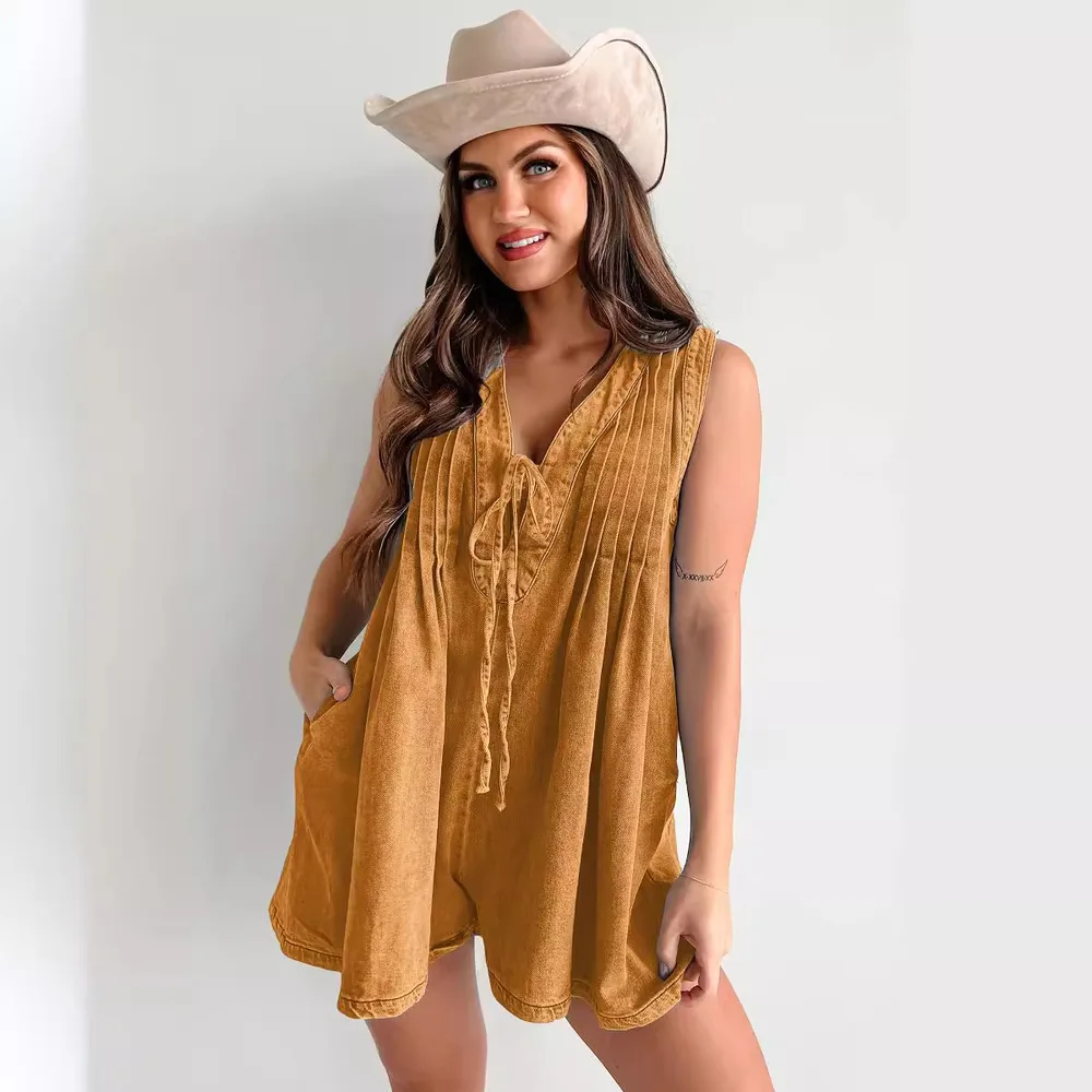 Sleeveless Short sleeved Shorts Denim Jumpsuit M Bronze - Shop at LoveMi
