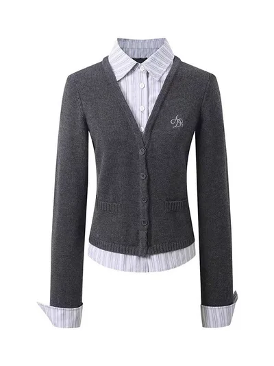 V neck Fake Two piece Knitted Cardigan For Women Dark Gray - Shop at LoveMi