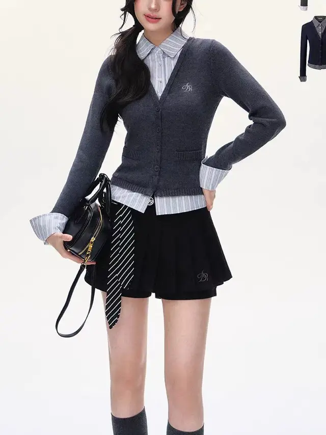 V neck Fake Two piece Knitted Cardigan For Women Navy Blue - Shop at LoveMi