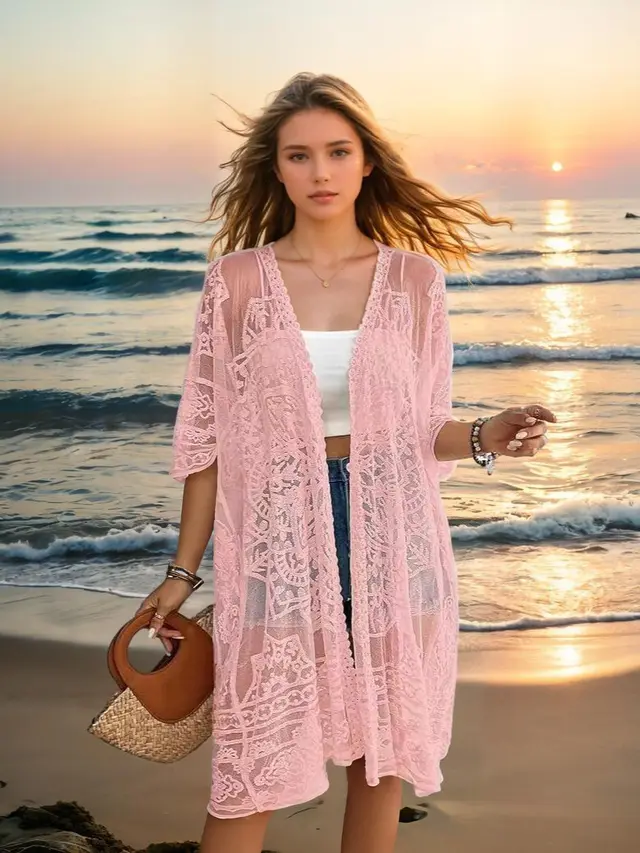 Women's Sexy See through Water soluble Lace Embroidered Cardigan Pink - Shop at LoveMi