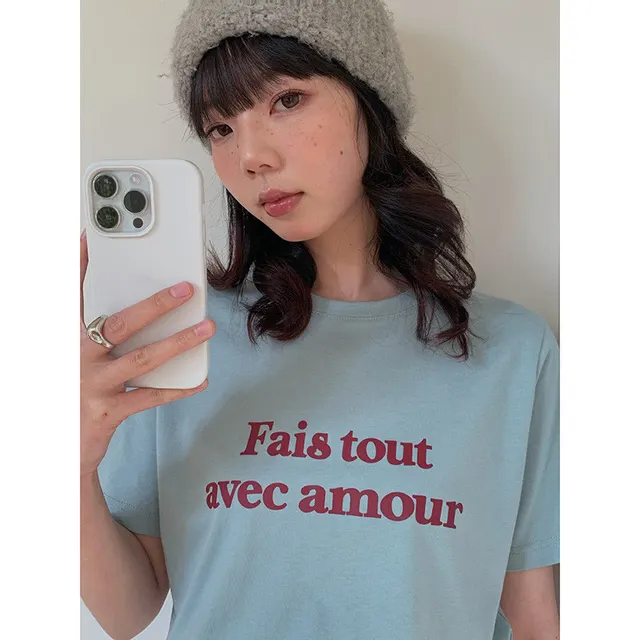 Fashion Short Sleeve Letter Print T shirt For Women Lake Blue - Shop at LoveMi