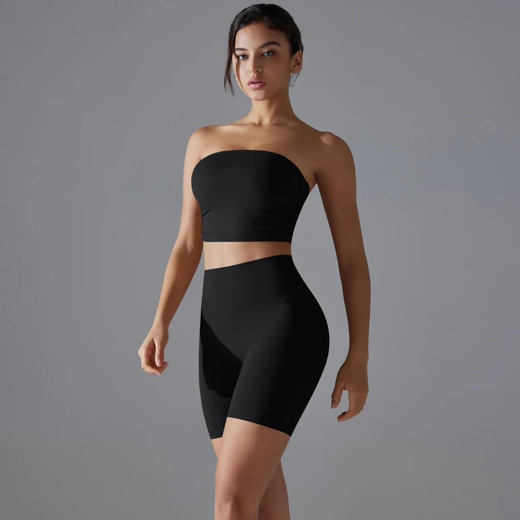 One-piece Pleated Tube Top High Waist Hip Lift Yoga Suit Female - Black