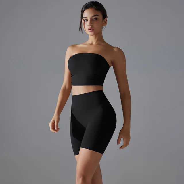 One piece Pleated Tube Top High Waist Hip Lift Yoga Suit Female Black - Shop at LoveMi