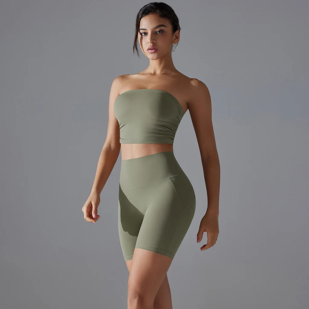 One-piece Pleated Tube Top High Waist Hip Lift Yoga Suit Female - Carbon Dust Color