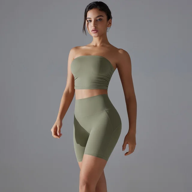 One piece Pleated Tube Top High Waist Hip Lift Yoga Suit Female Carbon Dust Color - Shop at LoveMi