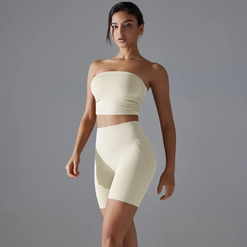 One-piece Pleated Tube Top High Waist Hip Lift Yoga Suit Female - Light Ivory