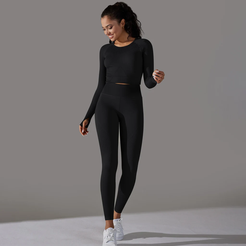 Seamless Knitted Jacquard Solid Color High-elastic Hip Raise Skinny Yoga Clothes Suit - Black