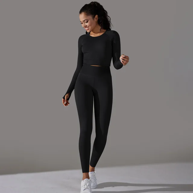 Seamless Knitted Jacquard Solid Color High elastic Hip Raise Skinny Yoga Clothes Suit Black - Shop at LoveMi