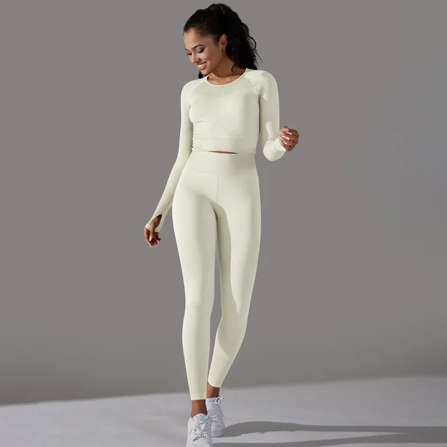 Seamless Knitted Jacquard Solid Color High elastic Hip Raise Skinny Yoga Clothes Suit Milky White - Shop at LoveMi