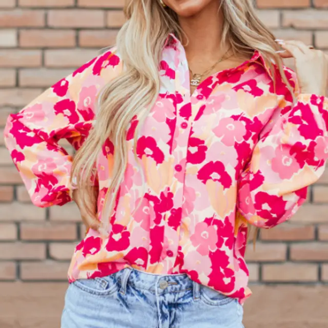 Blooming Floral Print Puff Sleeve Buttoned Shirt Pink - Shop at LoveMi