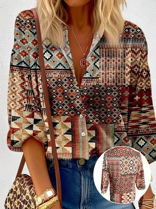 Women's Color Matching Casual Loose Button Digital Printing Shirt Style02 - Shop at LoveMi