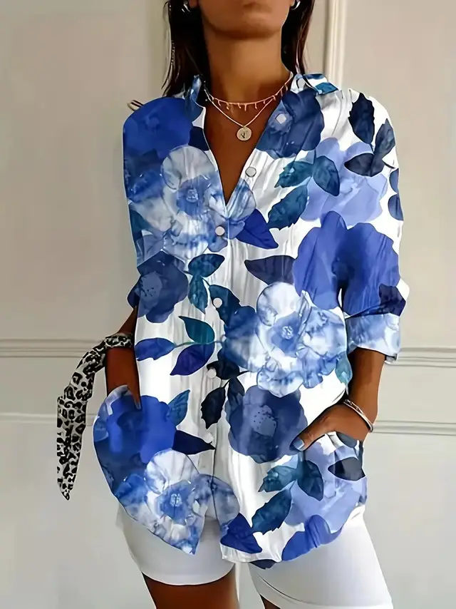 Women's Color Matching Casual Loose Button Digital Printing Shirt Style04 - Shop at LoveMi