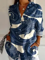 Women's Color Matching Casual Loose Button Digital Printing Shirt - Style08-4Xl