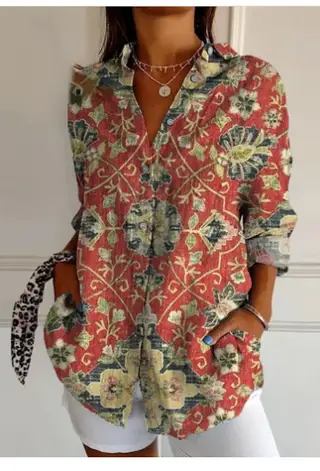 Women's Color Matching Casual Loose Button Digital Printing Shirt - Yo5460Rd