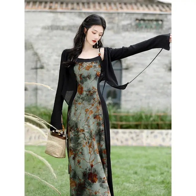 Retro National Style Beautiful Printed Tie dye Dress Women's Two piece Set Green - Shop at LoveMi