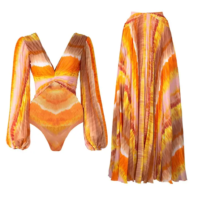 V neck Long Sleeve Seaside Holiday Floral Print One piece Swimsuit Suit Suit - Shop at LoveMi