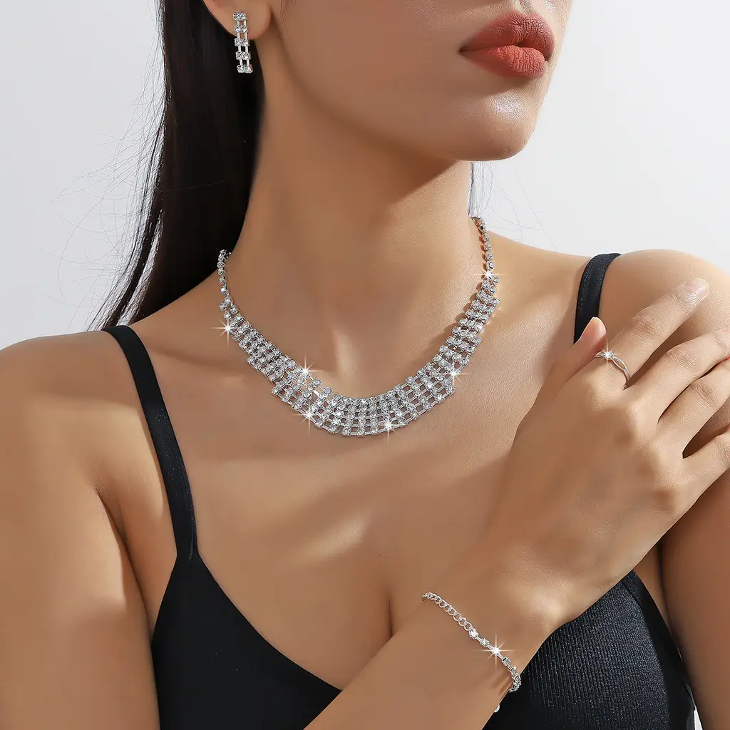 Claw Chain Necklace Bracelet Earrings Four-piece Ring Set Pack - Silver