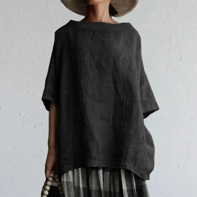 New Cotton And Linen Style Solid Color Loose Women's Wear T Shirt Black - Shop at LoveMi
