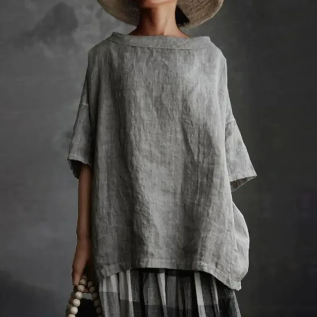 New Cotton And Linen Style Solid Color Loose Women's Wear T Shirt Gray - Shop at LoveMi