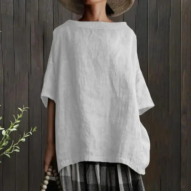 New Cotton And Linen Style Solid Color Loose Women's Wear T-Shirt - White