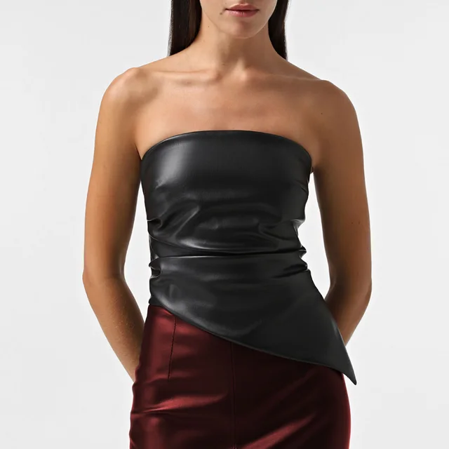 PU Leather Sexy Tube Top Pleated Waist Tight Vest Black - Shop at LoveMi