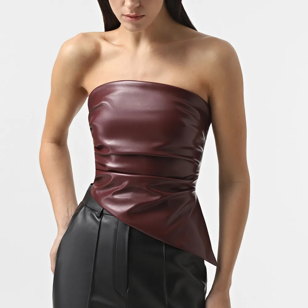 PU Leather Sexy Tube Top Pleated Waist Tight Vest - Wine Red