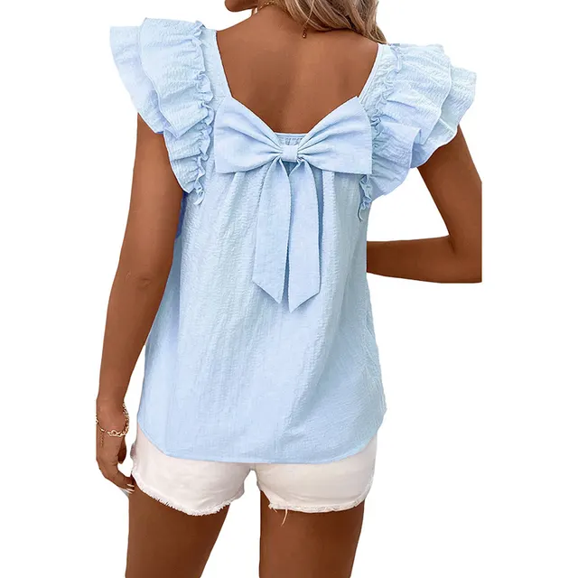 Women's Short sleeved T shirt With Bow Decoration Lc25612770 Light Blue - Shop at LoveMi