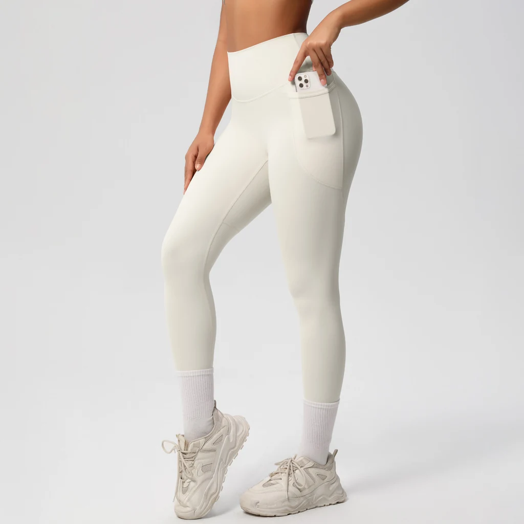 Solid Color Double-sided Brushed Tight Breathable Yoga Pants - Light Ivory